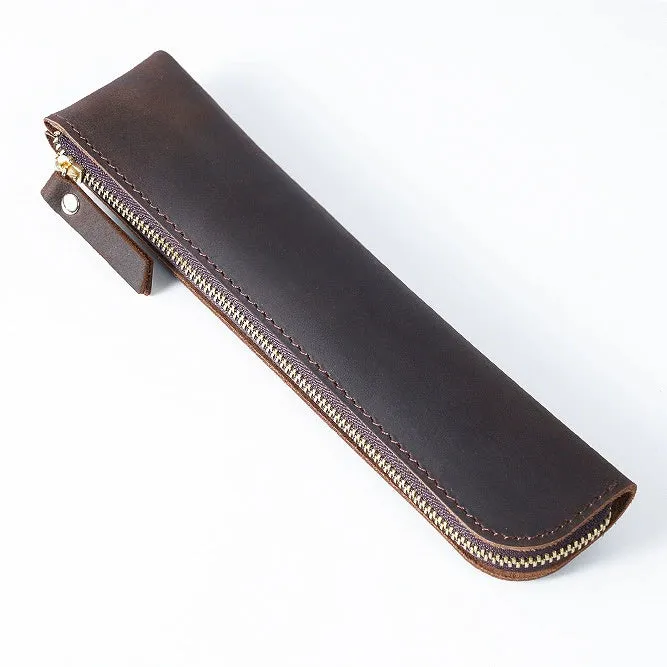 Cowhide retro pencil case 200mm x 45mm in Crazy Horse Brown with square shape and zipper closure