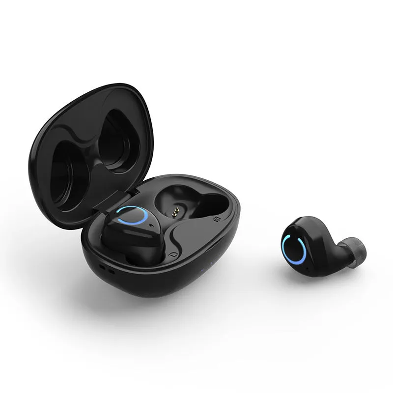 M18 true wireless stereo headset in black and white colour options showing earpieces and charging case