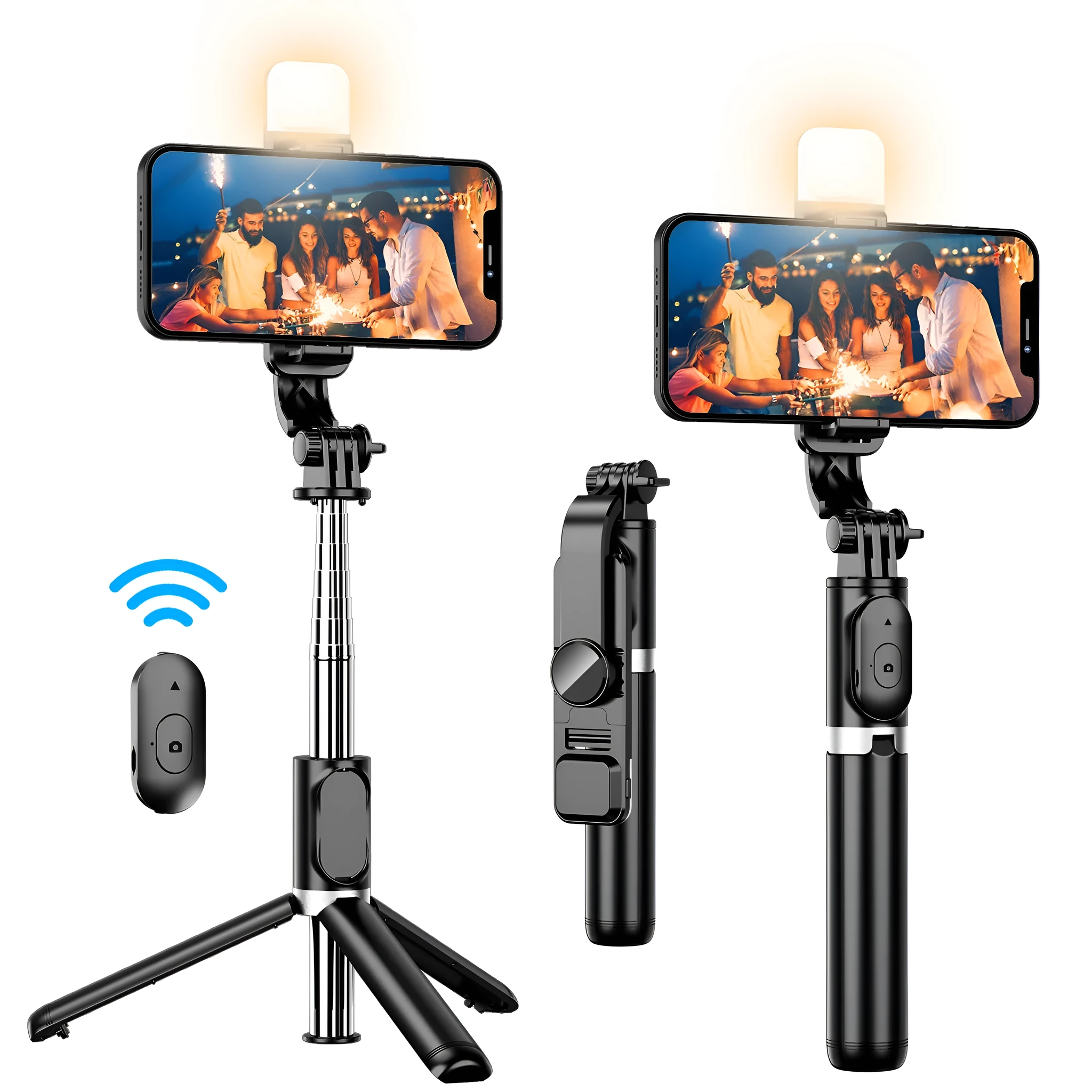 Portable retractable selfie stick tripod with Bluetooth remote and stainless steel shaft in black on a flat surface