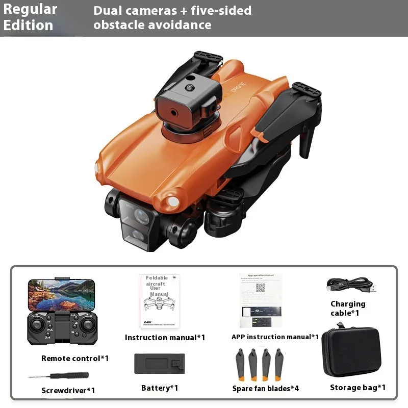 P25 brushless drone in dark blue with dual lenses, remote control, and storage bag on white background