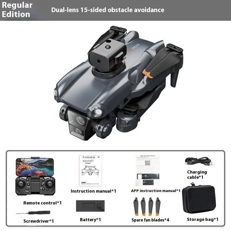 P25 brushless drone in dark blue with dual lenses, remote control, and storage bag on white background