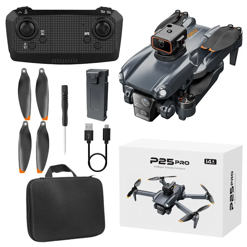 P25 brushless drone in dark blue with dual lenses, remote control, and storage bag on white background