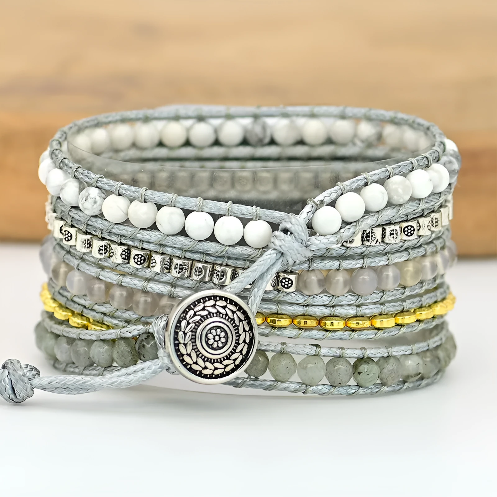 Natural stone beaded crystal watch strap in bohemian style, 38-45mm width, three sizes available