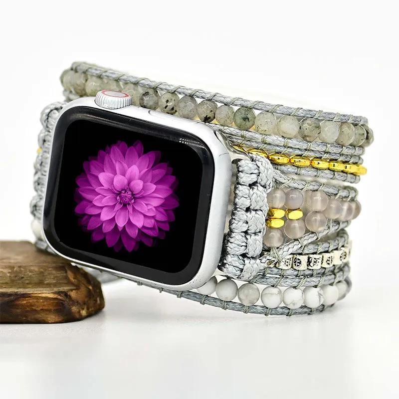 Natural stone beaded crystal watch strap in bohemian style, 38-45mm width, three sizes available