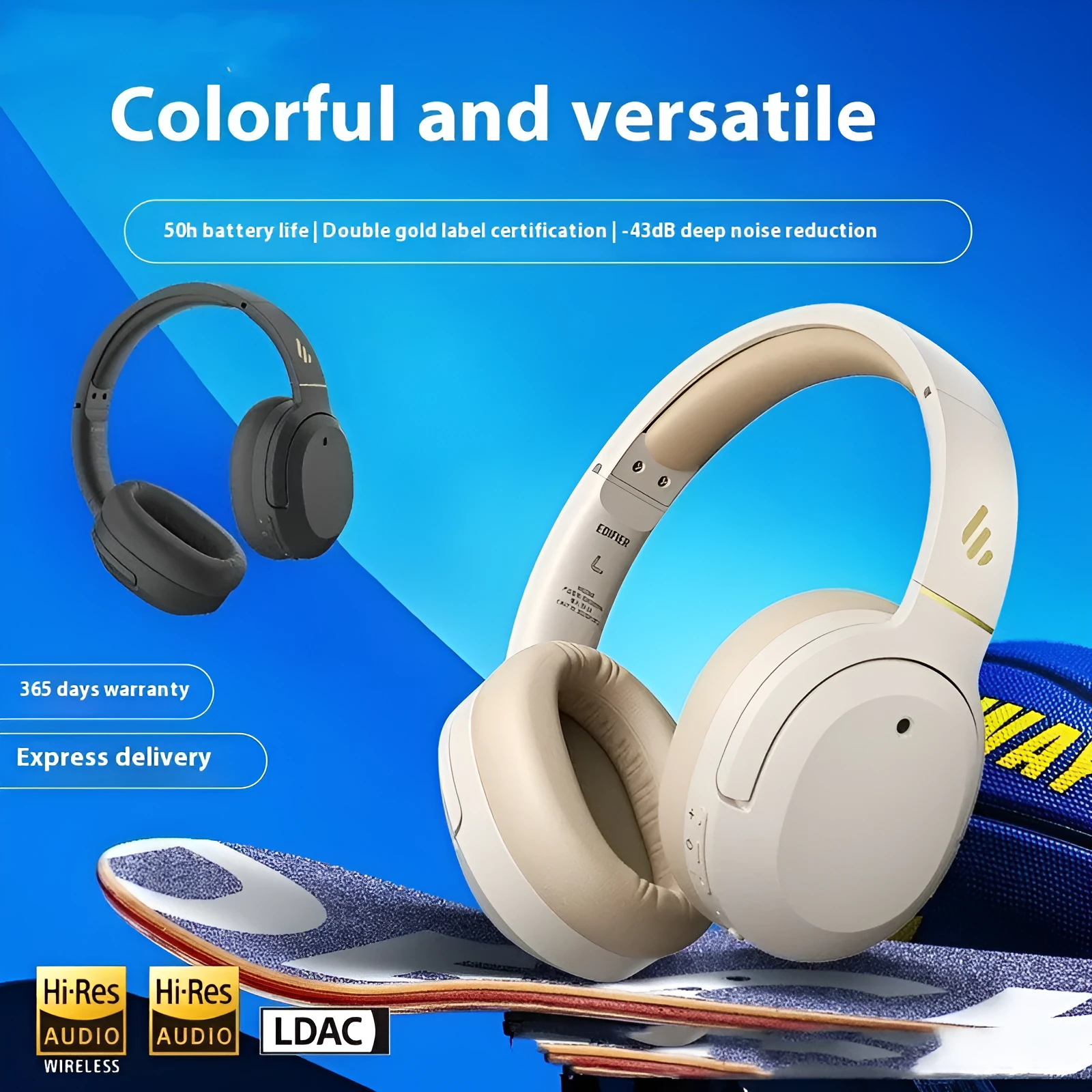 Active noise reduction Bluetooth headset in grey with head-mounted design and over-ear cups