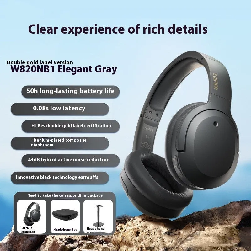 Active noise reduction Bluetooth headset in grey with head-mounted design and over-ear cups