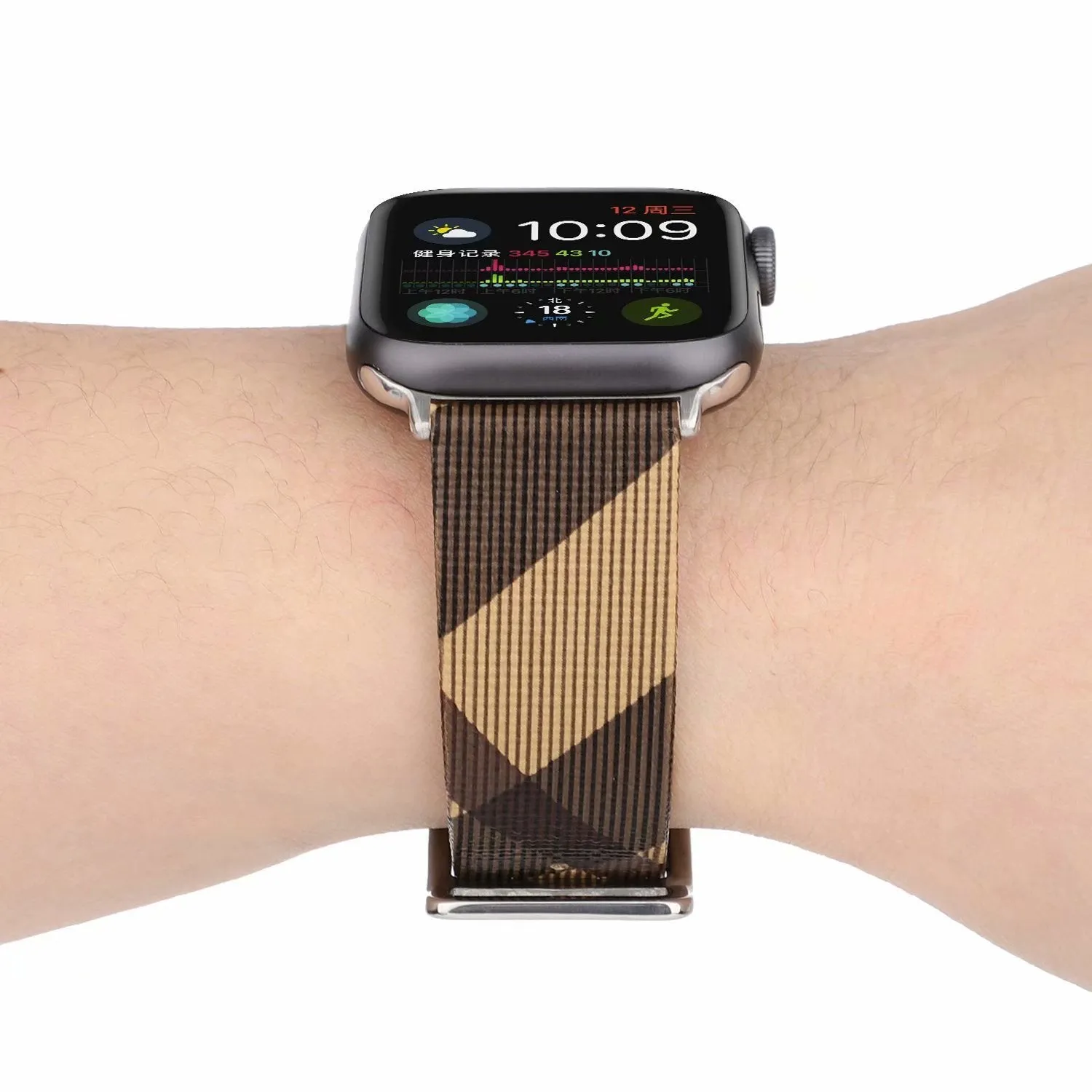 Grey plaid leather-style PU watch strap for 38/40mm or 42/44mm watch cases on a white background