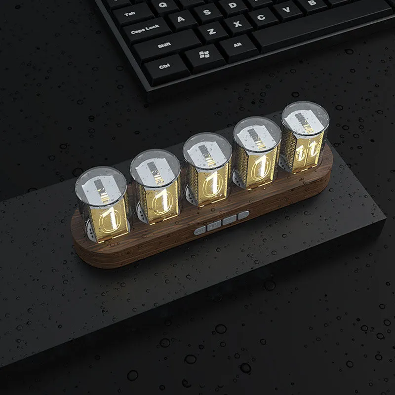 RGB LED digital tube clock showing time display with colourful lighting on desktop