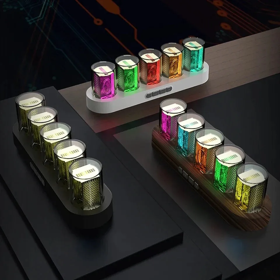 RGB LED digital tube clock showing time display with colourful lighting on desktop