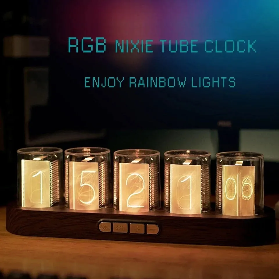 RGB LED digital tube clock showing time display with colourful lighting on desktop