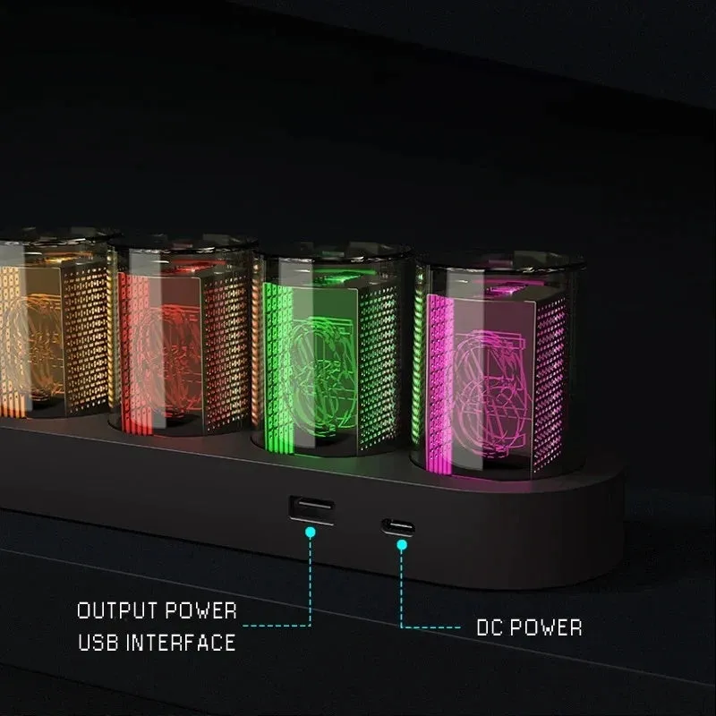 RGB LED digital tube clock showing time display with colourful lighting on desktop