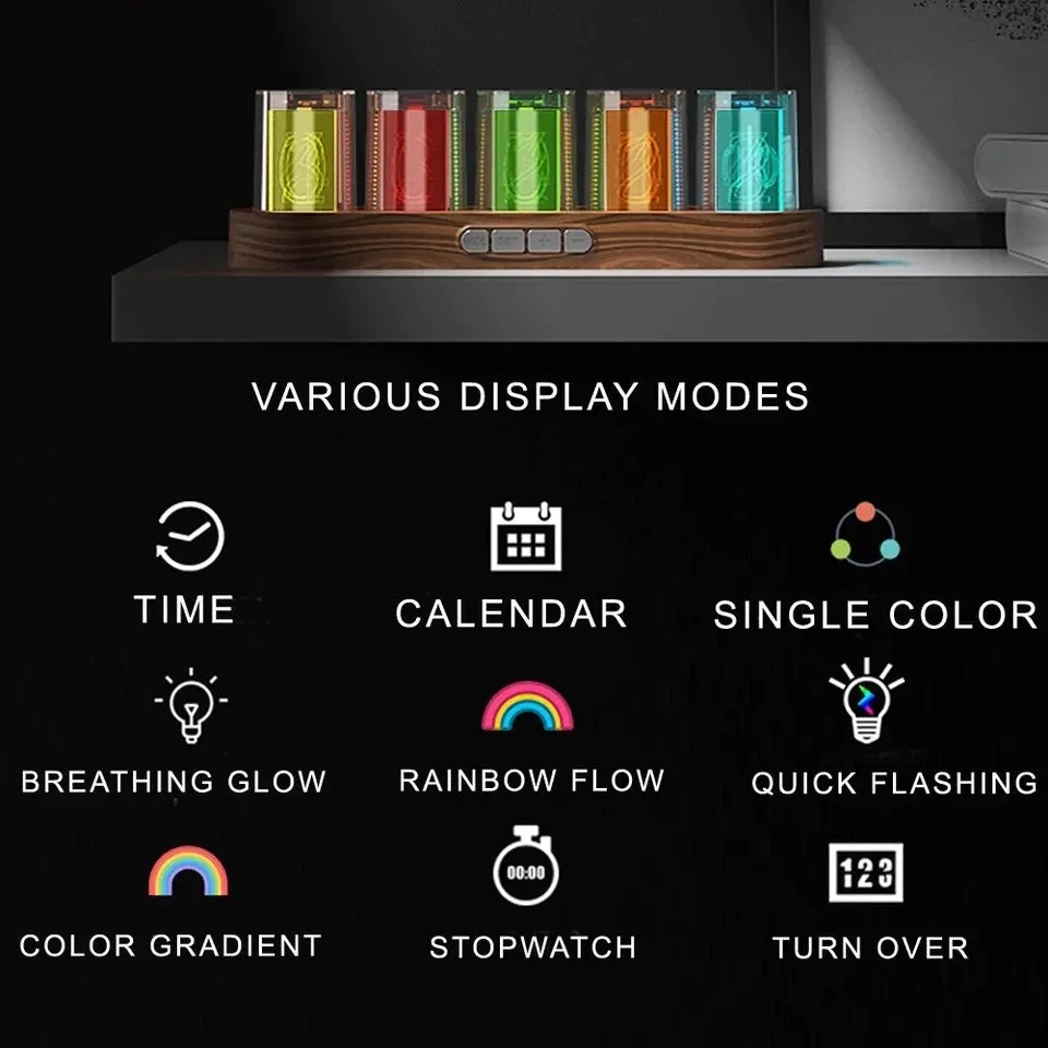 RGB LED digital tube clock showing time display with colourful lighting on desktop