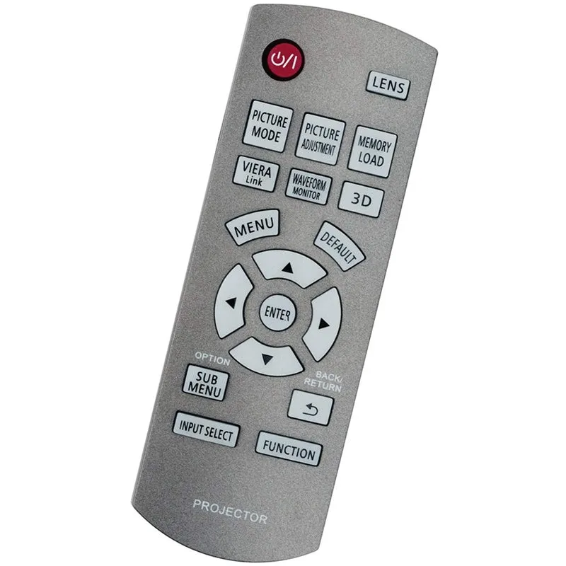 Grey plastic Panasonic projector remote control for PT-AE8000 PT-AE7000 AR100 models on white background