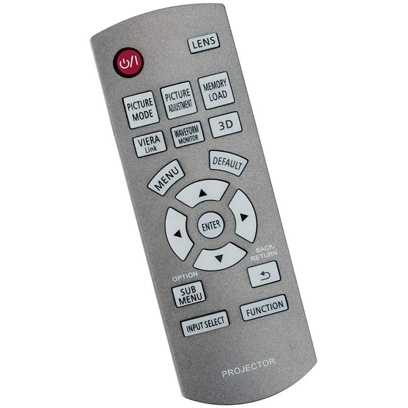 Grey plastic Panasonic projector remote control for PT-AE8000 PT-AE7000 AR100 models on white background