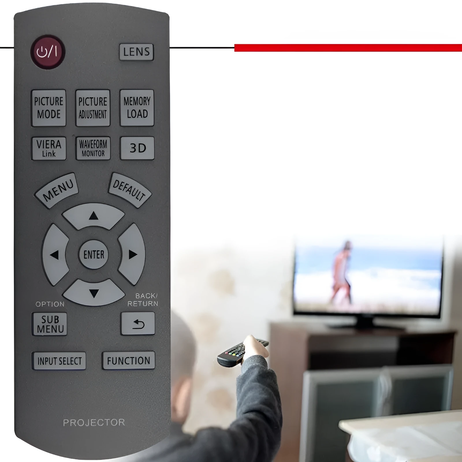 Grey plastic Panasonic projector remote control for PT-AE8000 PT-AE7000 AR100 models on white background