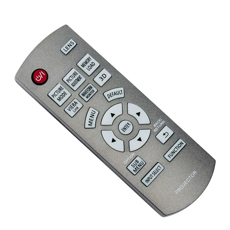 Grey plastic Panasonic projector remote control for PT-AE8000 PT-AE7000 AR100 models on white background
