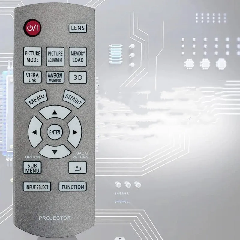 Grey plastic Panasonic projector remote control for PT-AE8000 PT-AE7000 AR100 models on white background
