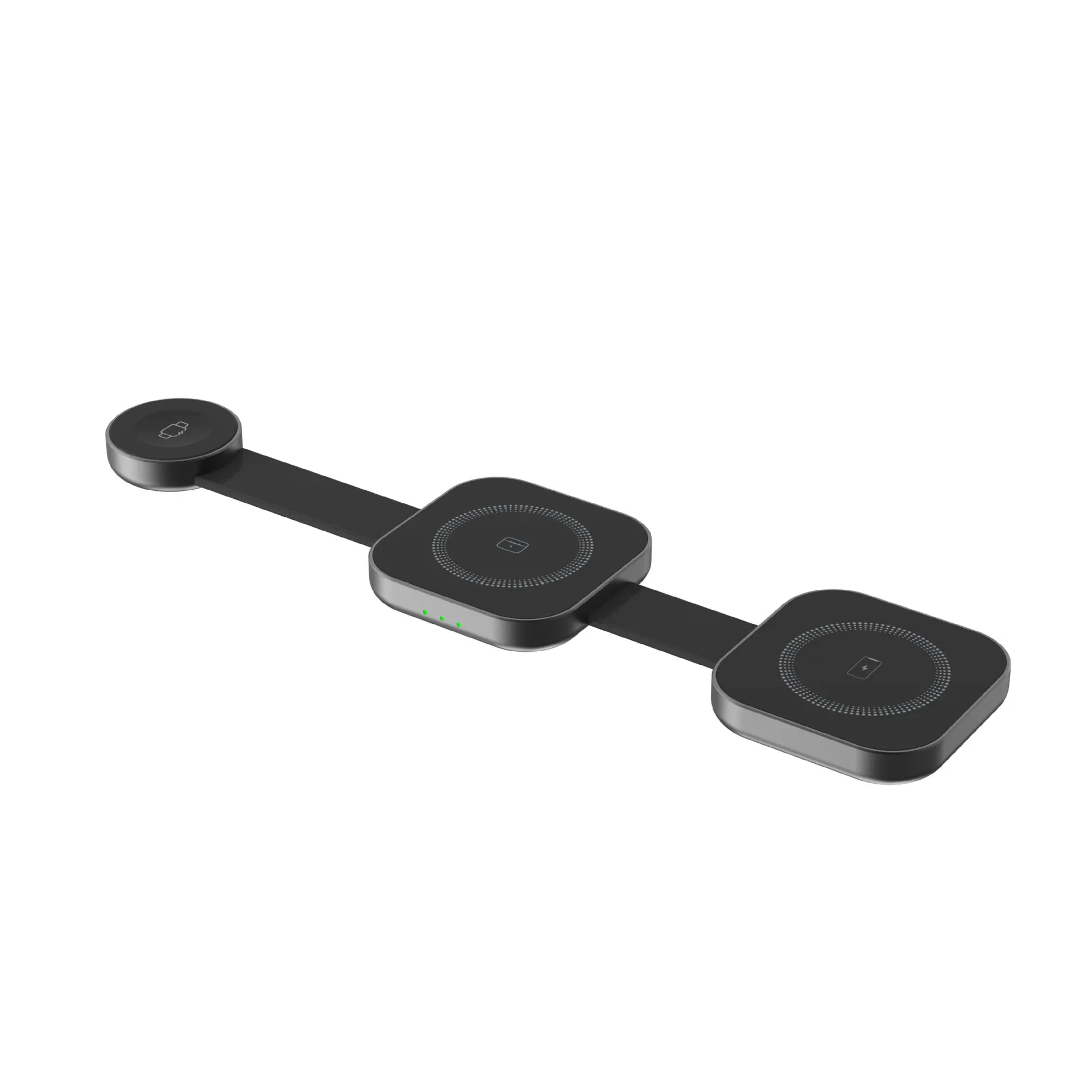 Three-in-one magnetic wireless charger stand in dark grey with a smartphone, watch, and earphones placed on it