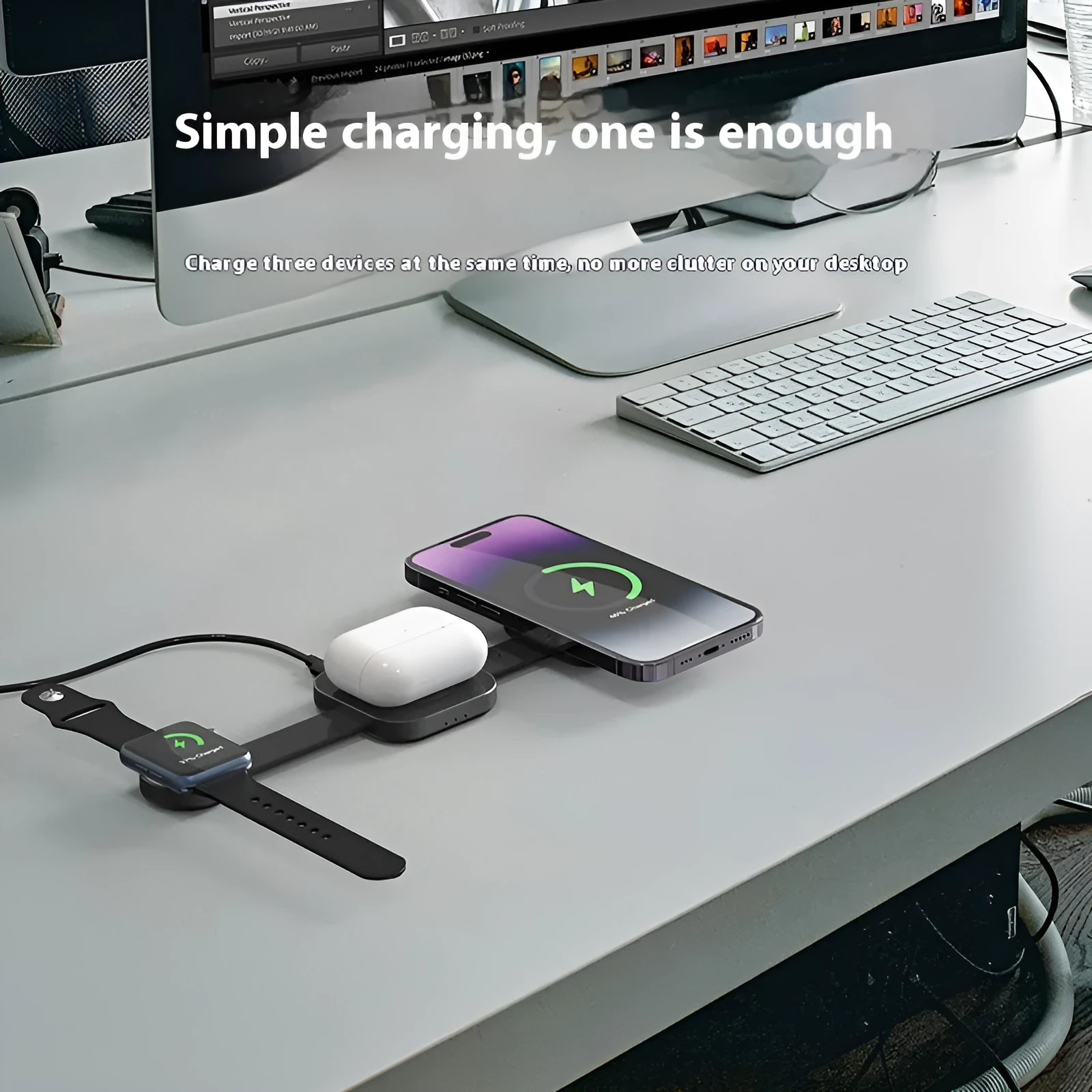 Three-in-one magnetic wireless charger stand in dark grey with a smartphone, watch, and earphones placed on it