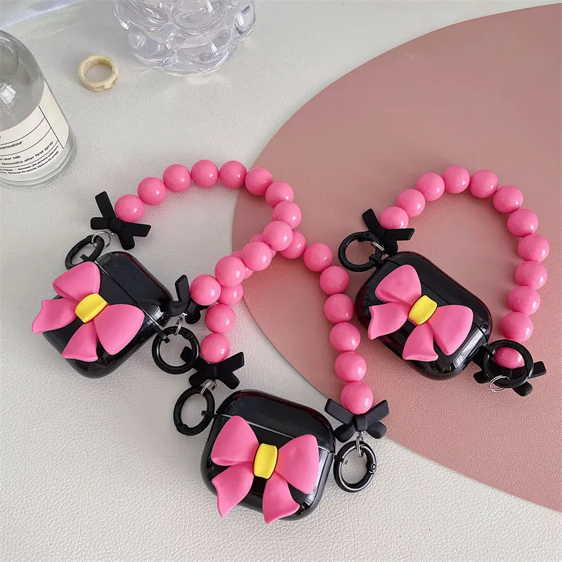 Black double ear bow knot TPU protective case for AirPods with chain clamshell design