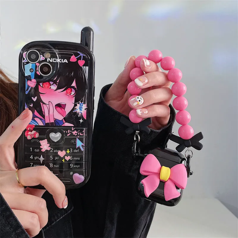 Black double ear bow knot TPU protective case for AirPods with chain clamshell design