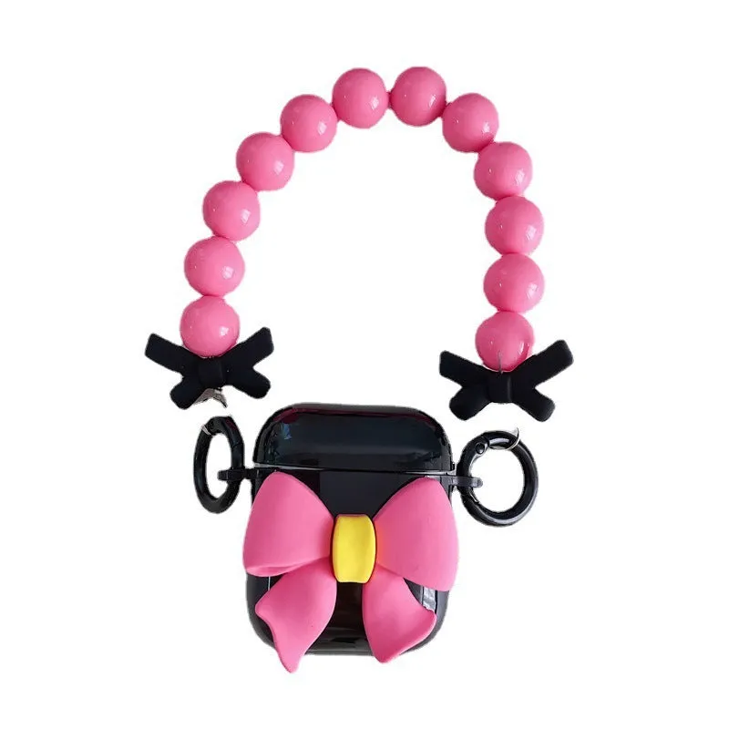 Black double ear bow knot TPU protective case for AirPods with chain clamshell design