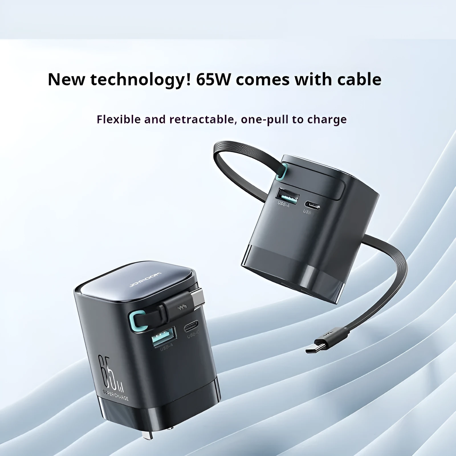 Black 65W fast charge telescopic Type-C cable with PD protocol for multi-port chargers