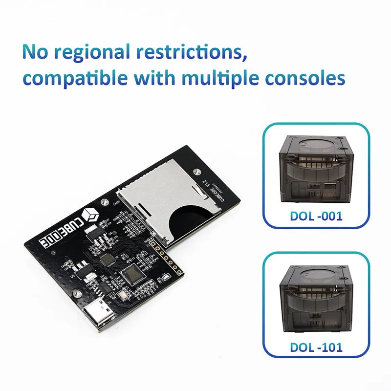 NGC CUBEODE V12 optical drive simulator for Gamecube, black ABS board with SD card extension cable and screws, boxed