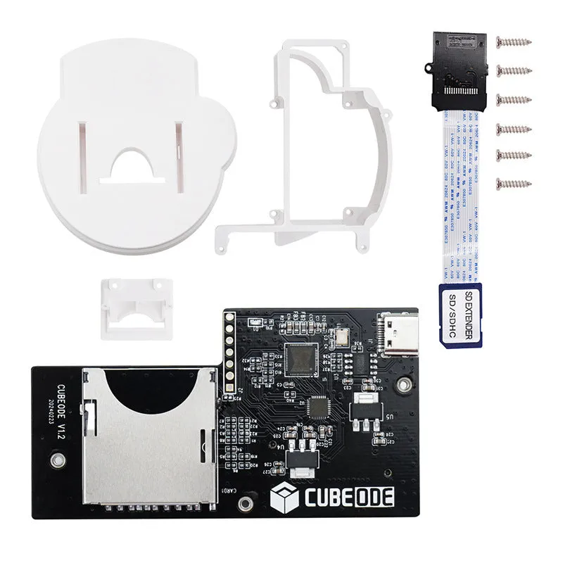 NGC CUBEODE V12 optical drive simulator for Gamecube, black ABS board with SD card extension cable and screws, boxed