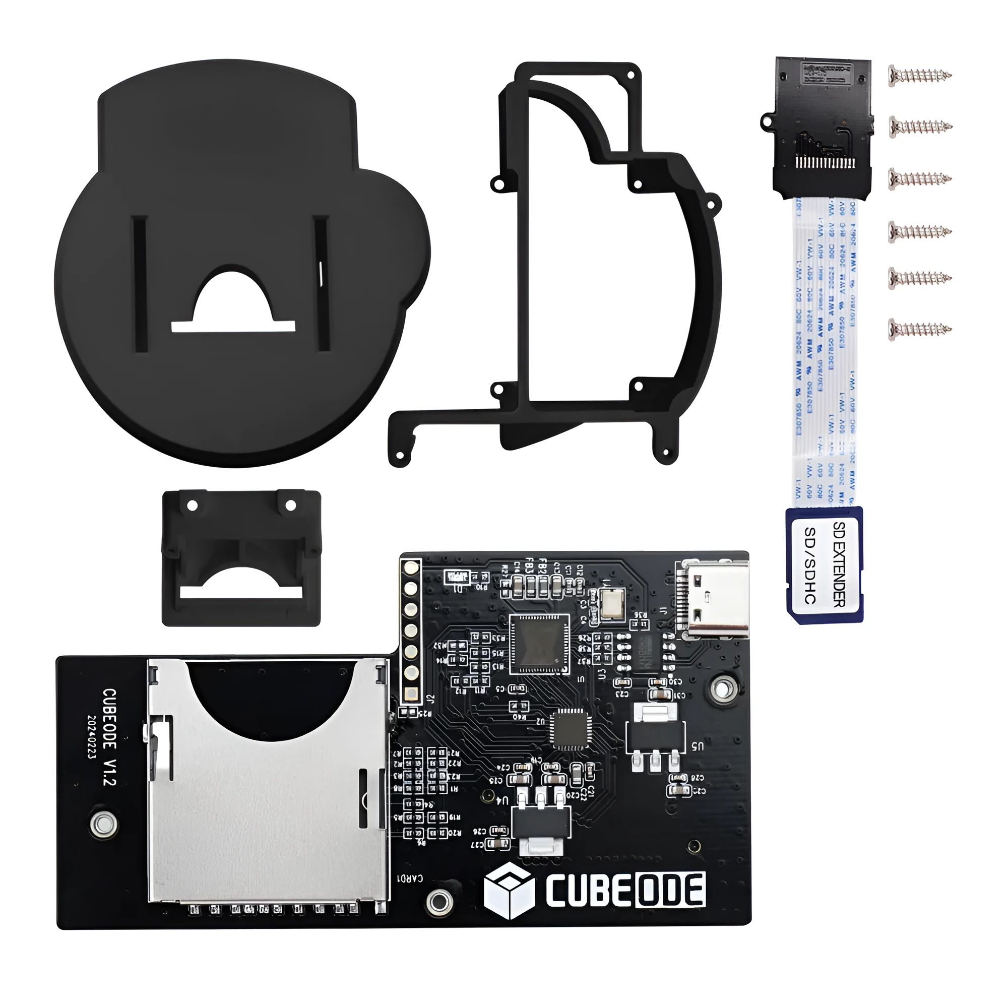 NGC CUBEODE V12 optical drive simulator for Gamecube, black ABS board with SD card extension cable and screws, boxed