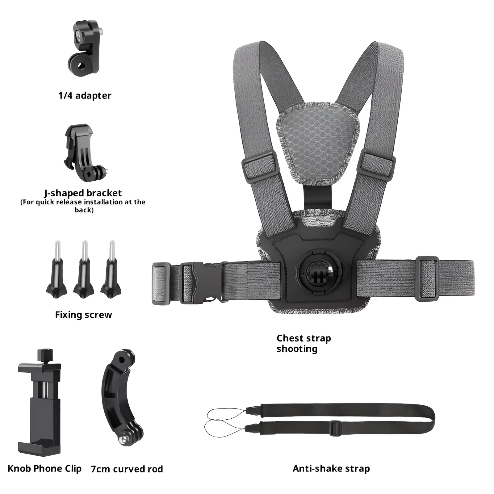 Chest mount with dual-camera setup for action camera and phone, including curved extension rod and anti-shake rope