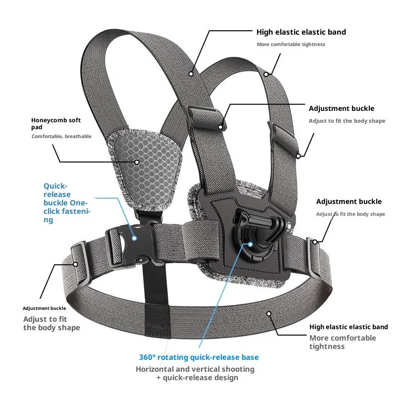 Chest mount with dual-camera setup for action camera and phone, including curved extension rod and anti-shake rope