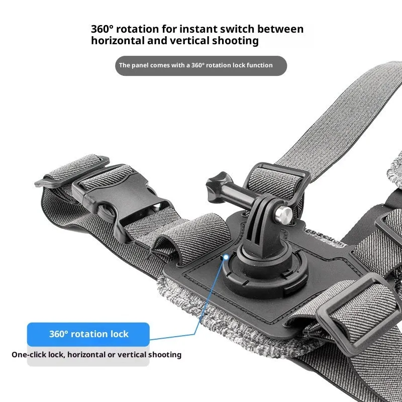 Chest mount with dual-camera setup for action camera and phone, including curved extension rod and anti-shake rope