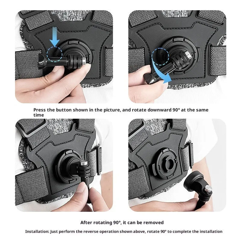 Chest mount with dual-camera setup for action camera and phone, including curved extension rod and anti-shake rope