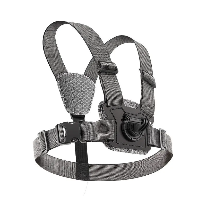 Chest mount with dual-camera setup for action camera and phone, including curved extension rod and anti-shake rope