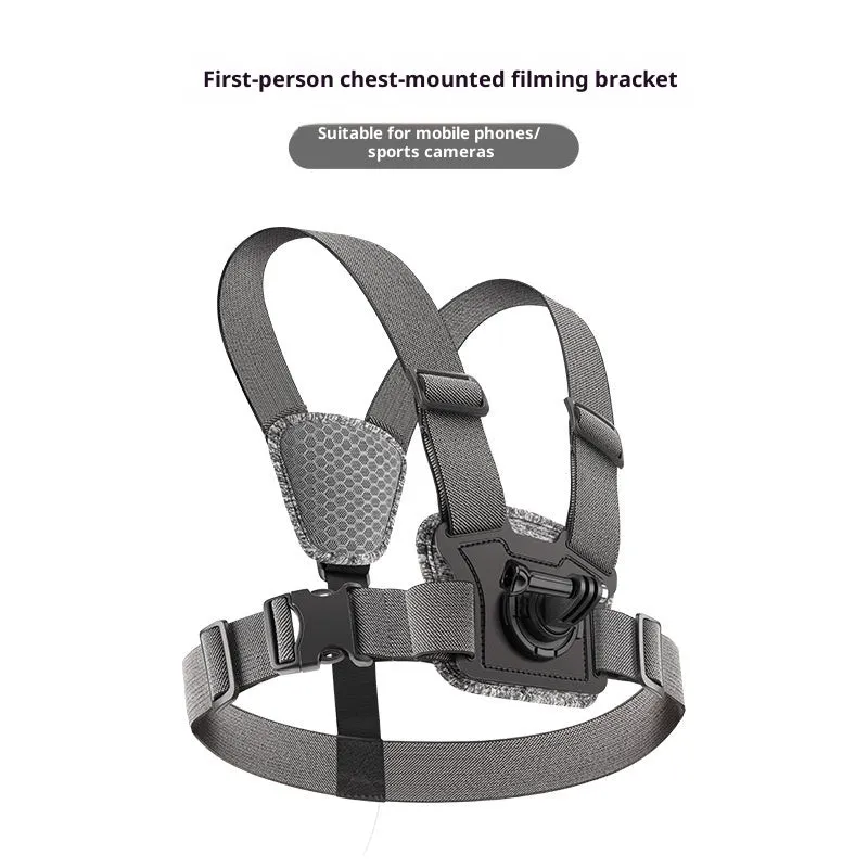 Chest mount with dual-camera setup for action camera and phone, including curved extension rod and anti-shake rope