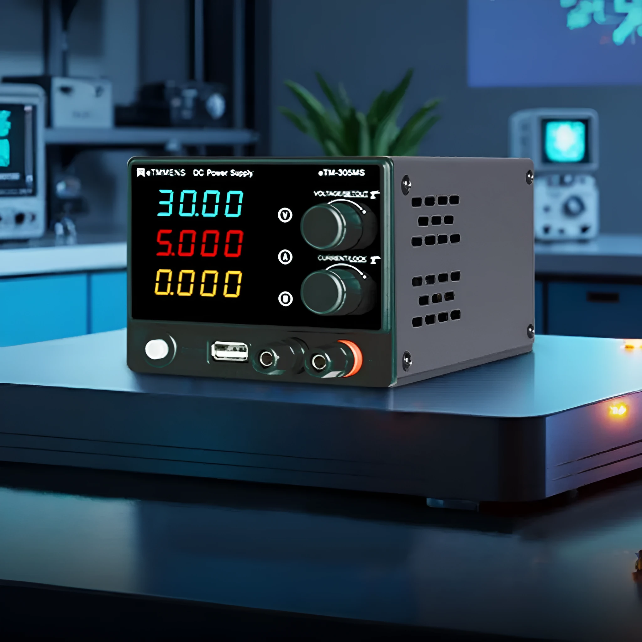 DC regulated power supply 30V 5A 150W with LED display and protection features on workbench