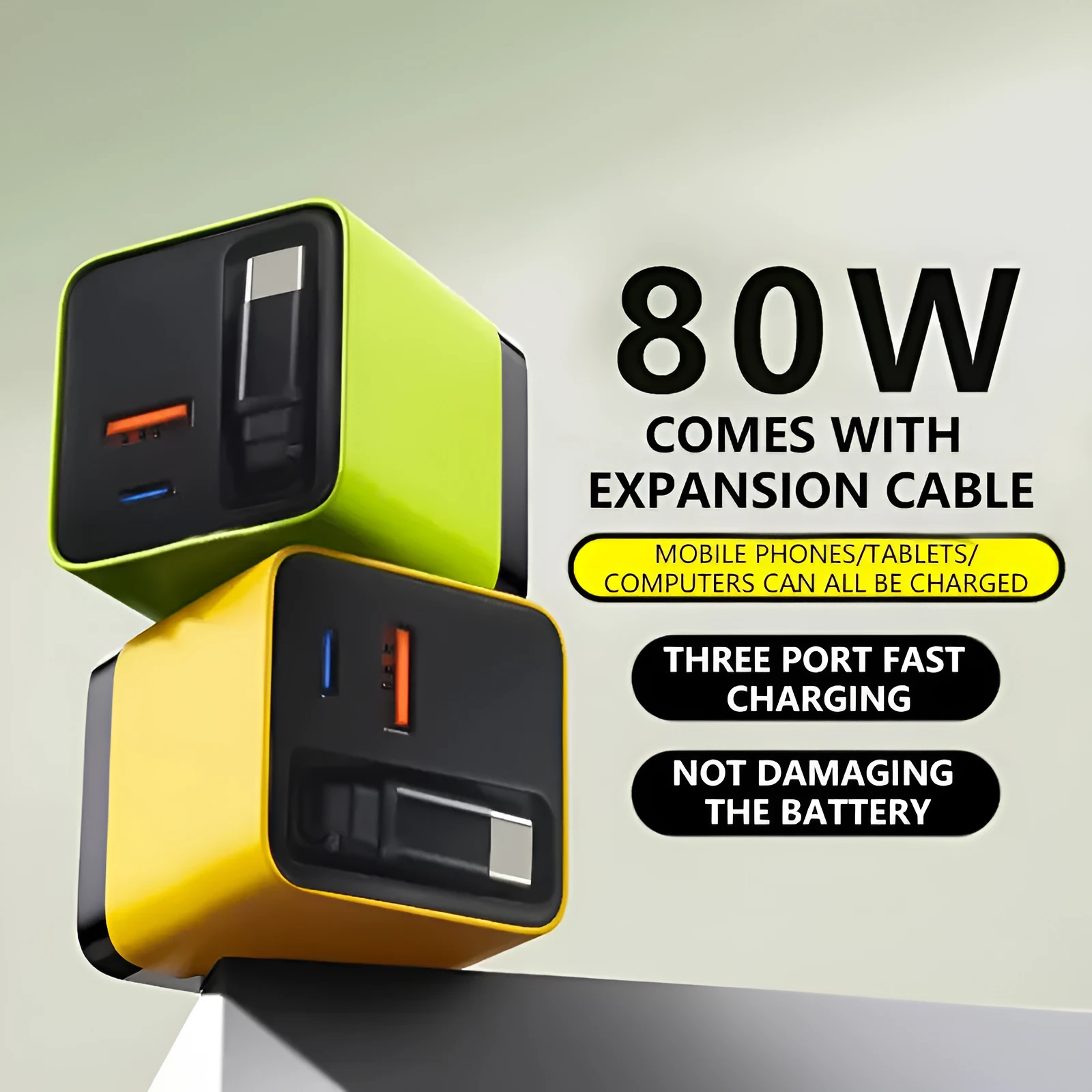Gallium nitride charger with Type-C PD port in lightning yellow colour for phone fast charge