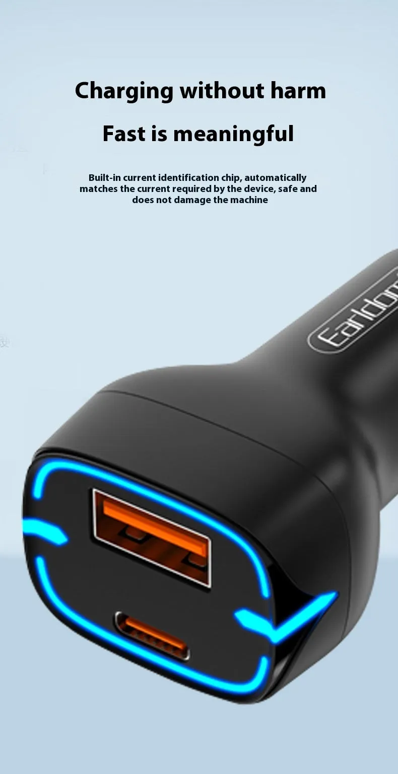 Black car charger with QC3.0 fast charging and PD USB output for cigarette lighter socket
