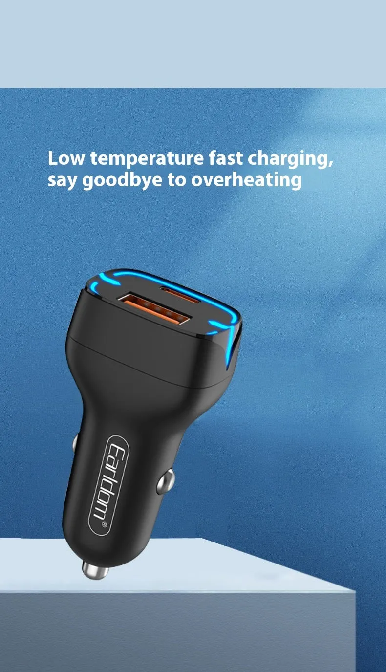 Black car charger with QC3.0 fast charging and PD USB output for cigarette lighter socket