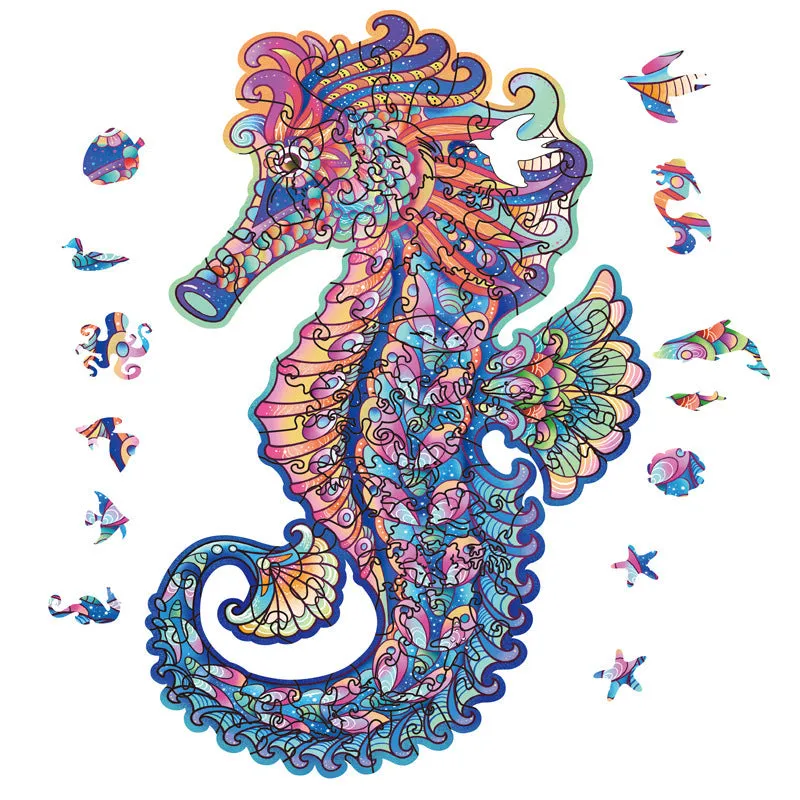 Irregular three-dimensional seahorse shaped animal wooden puzzle in A5 size on a wooden surface