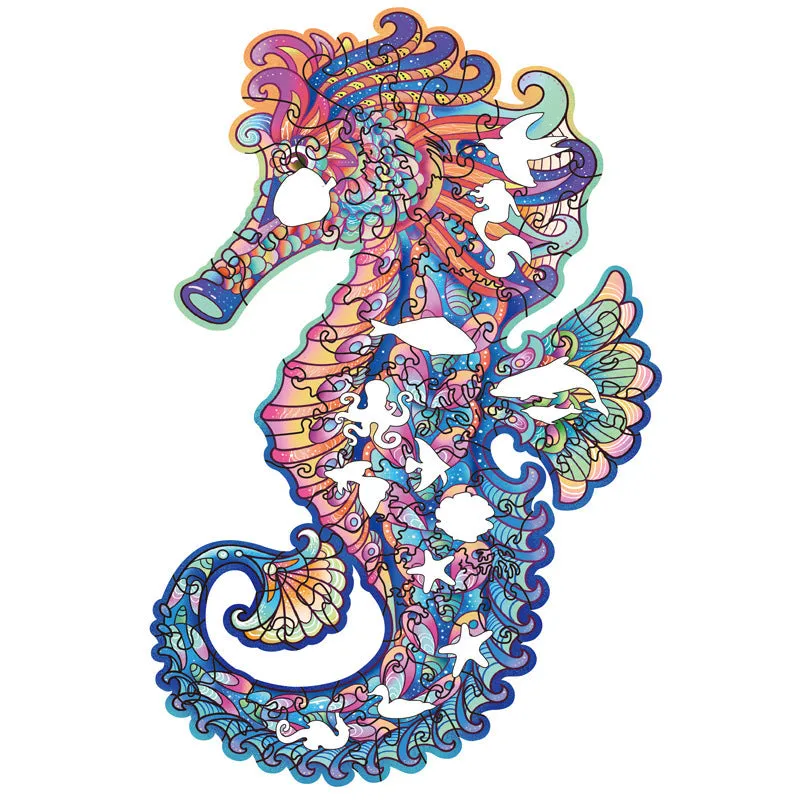 Irregular three-dimensional seahorse shaped animal wooden puzzle in A5 size on a wooden surface