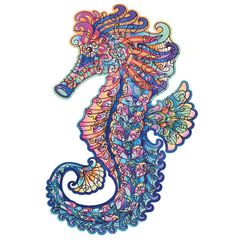 Irregular three-dimensional seahorse shaped animal wooden puzzle in A5 size on a wooden surface
