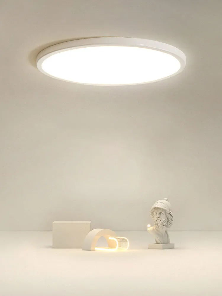 Ultra-thin round white LED ceiling lamp with aluminium frame and acrylic shade on ceiling