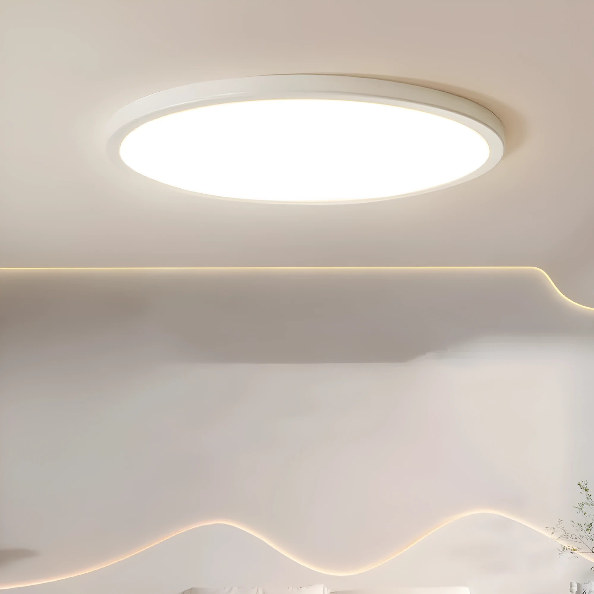 Ultra-thin round white LED ceiling lamp with aluminium frame and acrylic shade on ceiling