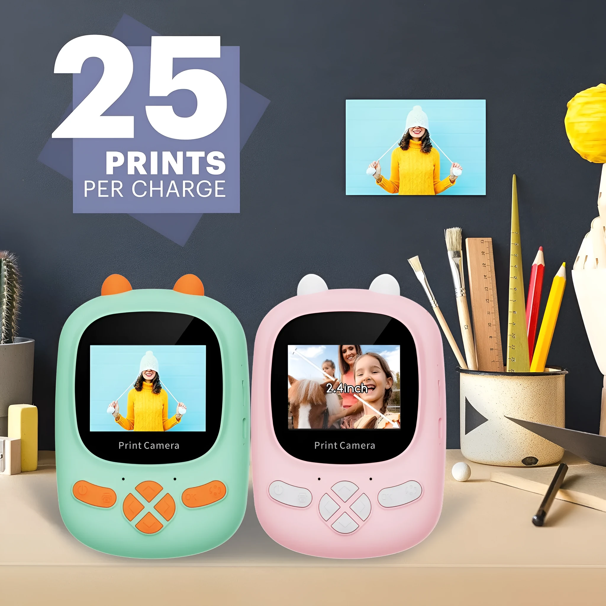 Q2 children's polaroid portable HD video digital camera in green with lanyard and stickers on white background