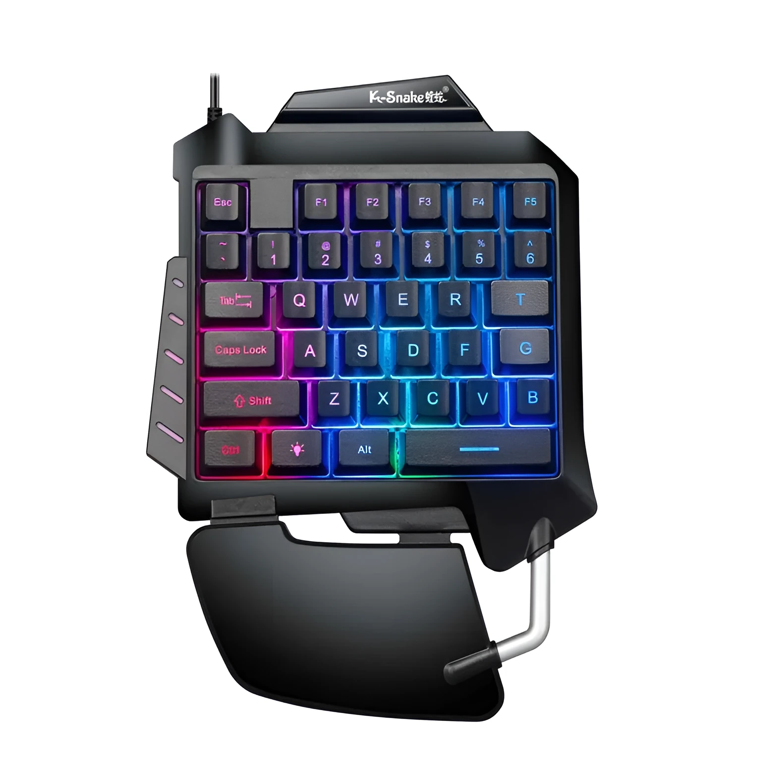 Black one-handed left-hand gaming keyboard with USB connector for mobile gaming throne converter setups