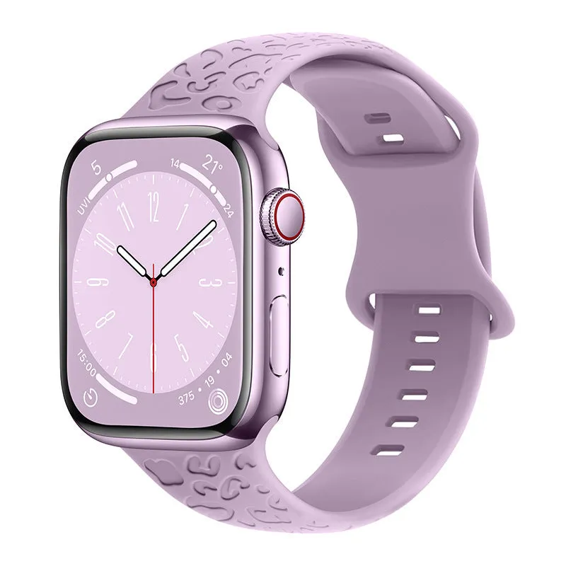 Silicone watch strap for Apple Watch with leopard print pattern, 8-word buckle, universal fit 38-49mm