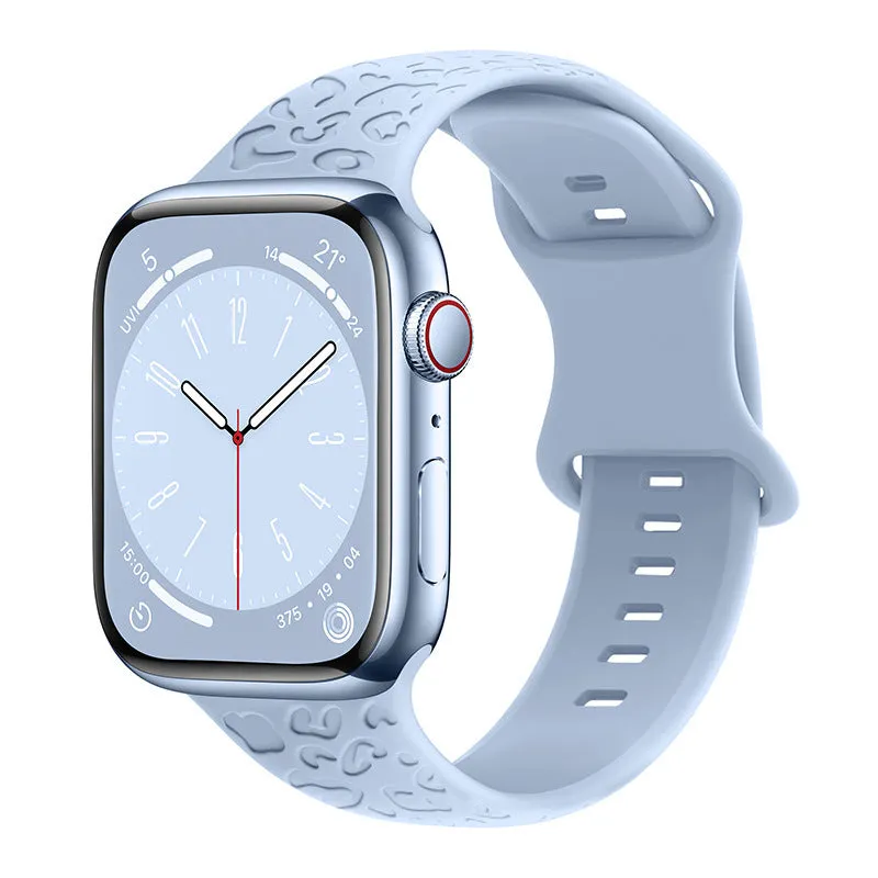 Silicone watch strap for Apple Watch with leopard print pattern, 8-word buckle, universal fit 38-49mm