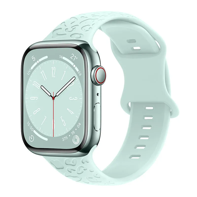 Silicone watch strap for Apple Watch with leopard print pattern, 8-word buckle, universal fit 38-49mm